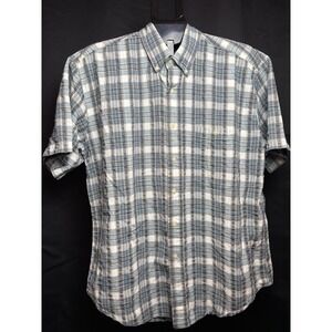 R&R Casuals Men's Blue And Tan Plaid Short Sleeve Button Down Shirt Size Large